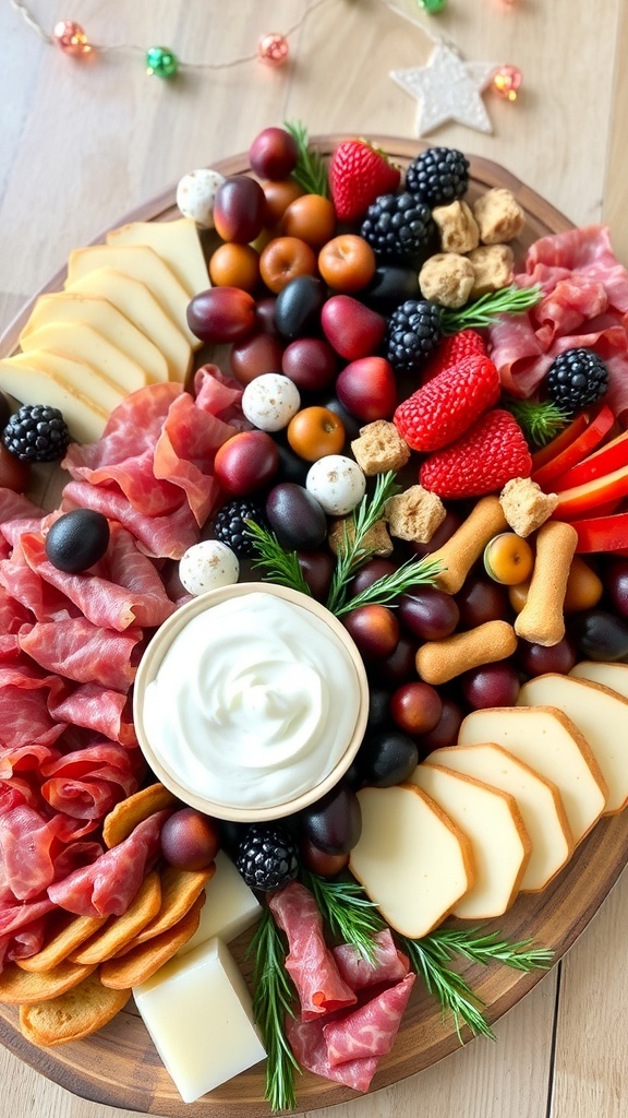 Festive Christmas Charcuterie Board with Sweet Frosting A festive charcuterie board featuring meats, cheeses, fruits, and a bowl of frosting, garnished with herbs.